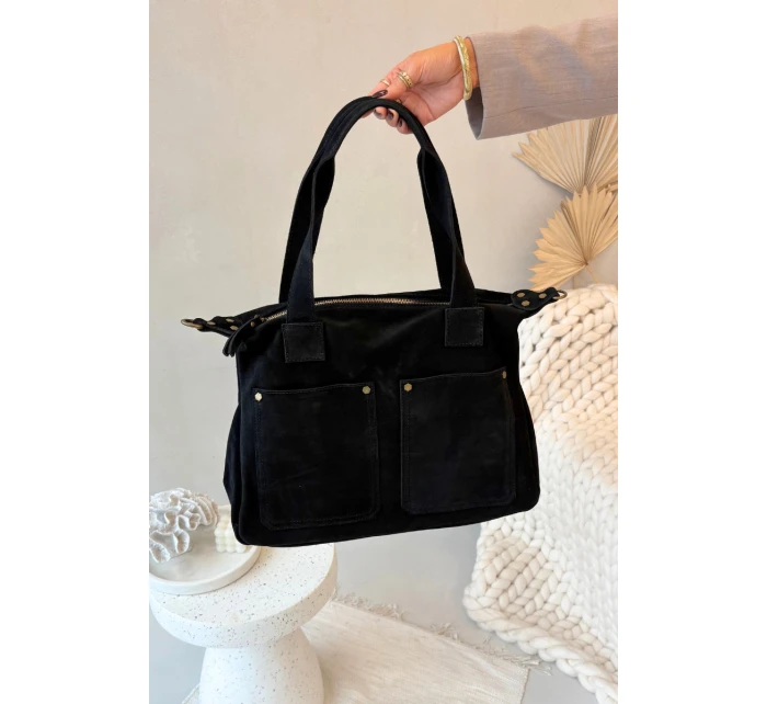 Kožená semišová kabelka s kapsami černá Zephina