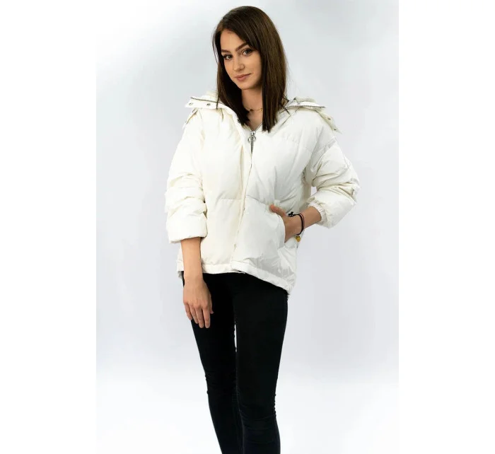 Biela krátka dámska zimná bunda s prírodným páperím (7113)