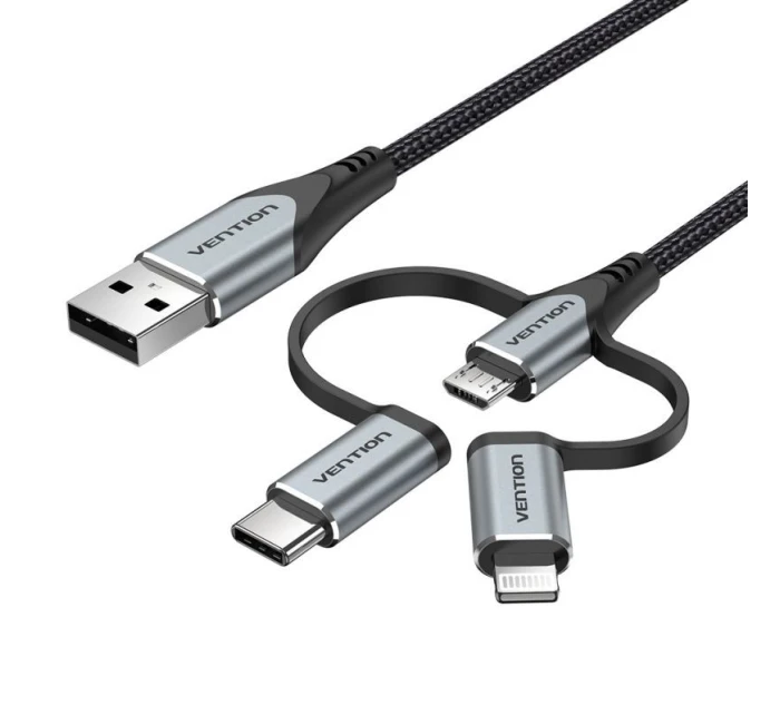 Vention USB-A 3v1 Micro-B USB-C Lightning kábel 1 m sivý