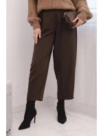 Dámské kalhoty s vysokým pasem a záhyby hnědé