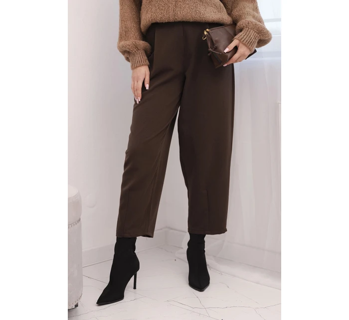 Dámské kalhoty s vysokým pasem a záhyby hnědé