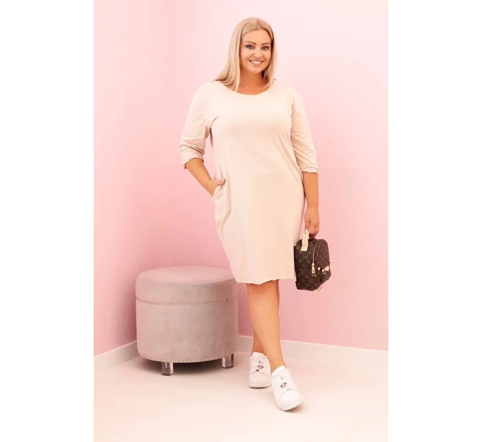 Dámske Plus veľkosť bavlnená sukňa s jednoduchým fit a 3/4 rukávy béžová