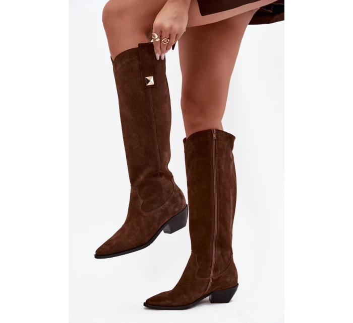 Kožené semišové kozačky cowboyové zateplené Zazoo 4224 čokoládové