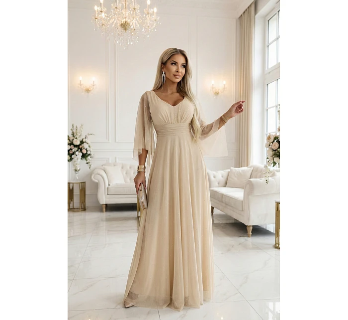 Dlhé ľahké trblietavé šaty 655-4 béžová - Numoco