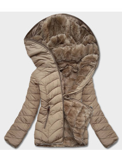 Krátka béžová obojstranná dámska zimná bunda (2M-21507)