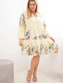 Dámské bavlněné šaty Plus Size s výstřihem do V a knoflíky květinový vzor žlutá