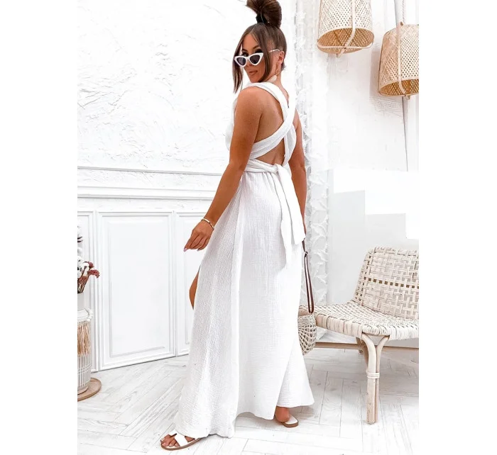 Mušelínové dámské šaty v ecru barvě se výstřihem model 20119951 - Moon Mušelínové dámské šaty v ecru barvě se výstřihem model 20119951 - Moon