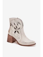 Botki Damskie Ażurowe Z Naturalnej Skóry Na Słupku Zazoo 3690 Złoty Przecierany