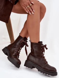 Ocieplane Botki Damskie Z Ozdobnym Sznurowaniem Czekoladowe Elindra
