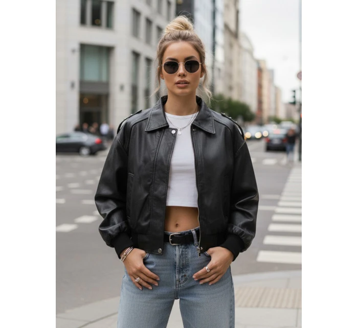 Dámska kožená bunda bomber black FashionStreet TY5566 Dámska kožená bunda bomber black FashionStreet TY5566