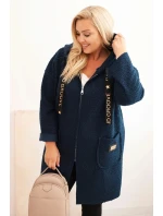 Dámske Plus veľkosť Faux Shearling kabát s kapucňou a vreckami Blue