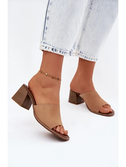 Dámske semišové kožené papuče na podpätku Zazoo 40519 dark beige