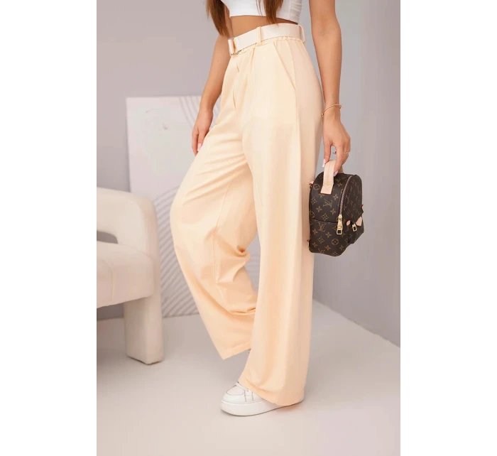 Dámske bavlnené nohavice so širokými nohavicami a opaskom marhuľová