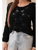 Dámsky čipkovaný sveter s kvetinovým vzorom čierny