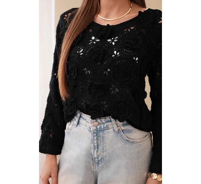 Dámsky čipkovaný sveter s kvetinovým vzorom čierny