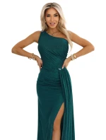 třpytivé dlouhé šaty na jedno rameno s rozparkem zelené s třpytkami model 21489880 - numoco