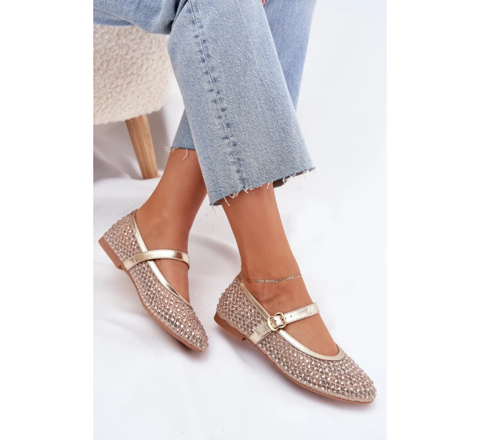 Zdobione Baleriny Damskie Z Paskiem I Klamrą Złote Avirae Zdobione Baleriny Damskie Z Paskiem I Klamrą Złote Avirae