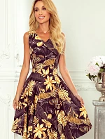 Dámske rozšírené šaty so vzorom zlatých listov a výstrihom v tvare srdca 114-13