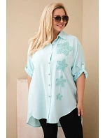 Dámske tričko Plus Size z viskózy s kvetinovou výšivkou mätovej farby