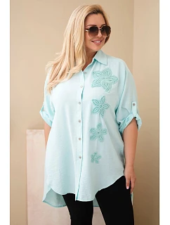 Dámske tričko Plus Size z viskózy s kvetinovou výšivkou mätovej farby