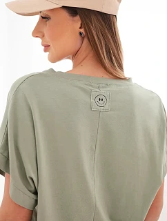 Dámska bavlnená blúzka s výstrihom do V a krátkymi rukávmi v khaki farbe