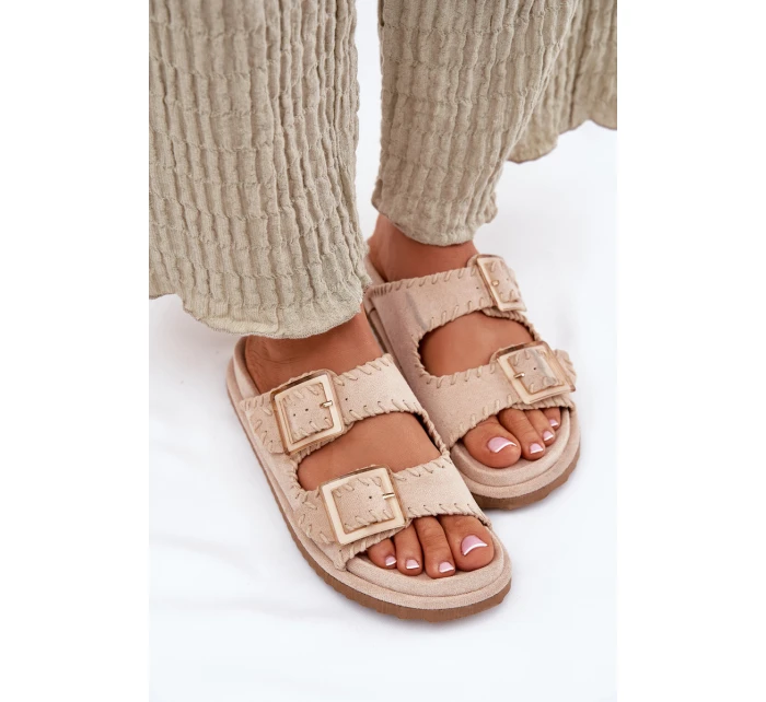 Klapki Damskie Z Klamrami I Ozdobnym Obszyciem Beżowe Visley Klapki Damskie Z Klamrami I Ozdobnym Obszyciem Beżowe Visley