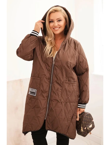 Dámska prešívaná bunda Plus Size s kapucňou a športovými manžetami Chocolate