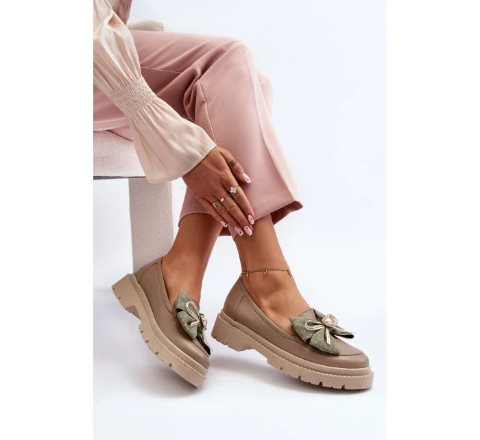 Damskie Skórzane Mokasyny Z Kokardą Laura Messi 2787 Beżowe