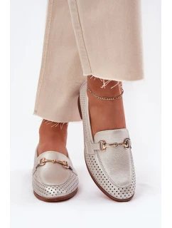 Skórzane Mokasyny Damskie Z Ozdobą Na Płaskim Obcasie S.Barski LR51-594 Srebrne