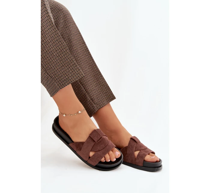 Dámské pantofle Eko semiš s pásky tmavě hnědé Marivessa