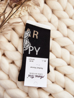 Dámske bavlnené ponožky s nápisom a medvedíkom, čierne