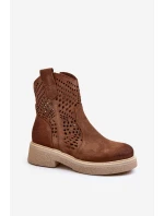Zazoo 3470 Zamszowe Botki Damskie Na Płaskim Obcasie Ażurowe Brązowe