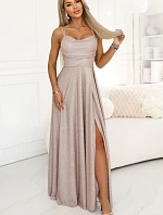 589-4 Dlhé šaty s jemnými trblietkami a korzetovým viazaním vzadu - béžovo-ružové s trblietkami