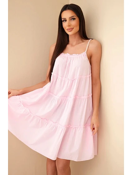 Dámske bavlnené šaty bez ramienok s volánikmi candy pink