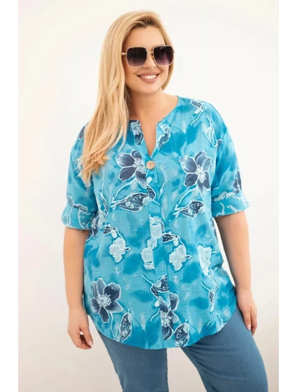 Dámska bavlnená blúzka pre plnoštíhle ženy v tyrkysovej farbe s kvetinovým vzorom