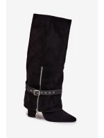 Kozaki Damskie Wsuwane Na Słupku Z Ozdobnym Paskiem Czarne Jolivine Kozaki Damskie Wsuwane Na Słupku Z Ozdobnym Paskiem Czarne Jolivine