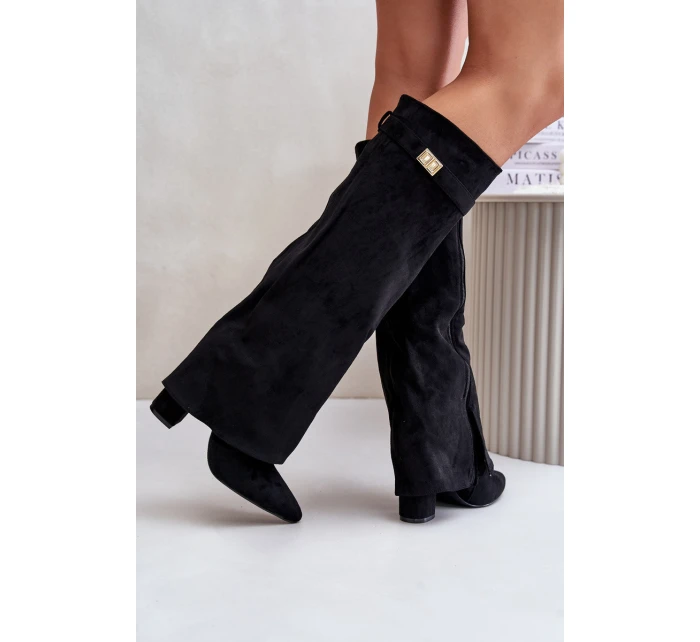 Kozaki Eko Zamszowe Obcas Słupek Na Zamek Ocieplane Wywinięta Cholewka Beżowe Evyra