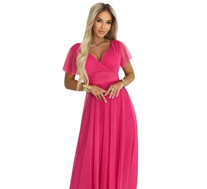 Dlouhé šaty s výstřihem, kosticemi a krátkými rukávy model 21955756 - numoco basic Dlouhé šaty s výstřihem, kosticemi a krátkými rukávy model 21955756 - numoco basic