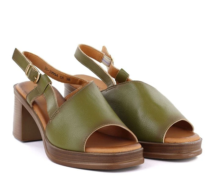 Dámské kožené sandály na podpatku zelené model 22116369 - VINCEZA