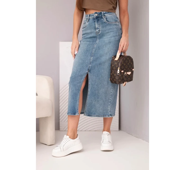 Dámská midi džínová sukně s rozparkem vpředu džínová