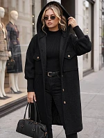 Dámsky dlhý kabát z ovčej kože s kapucňou, čierny, FashionStreet NY0798