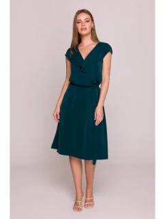 S411 Šaty bez rukávov s volánovým výstrihom - zelené