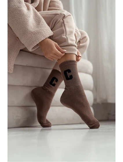 Skarpetki Damskie Frotte Z Literą C Brązowe