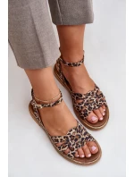 Dámske kožené sandále Zazoo 3688 Brown s plochým leopardím podpätkom