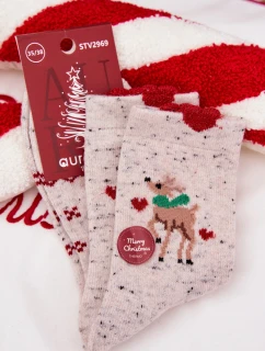 Dámske vianočné ponožky so sobmi a srdiečkami - sivé (vlna alpaka)