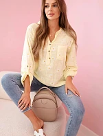 Dámska ľanová blúzka s kvetinovým vzorom, dlhými rukávmi a gombíkmi Žltá