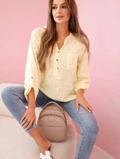 Dámska ľanová blúzka s kvetinovým vzorom, dlhými rukávmi a gombíkmi Žltá