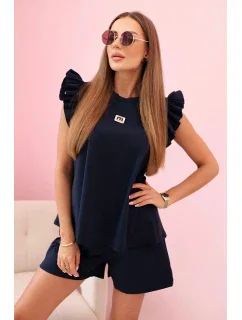 Dámsky set s volánom - blúzka s krátkym rukávom a šortky s gumičkou námornícka modrá