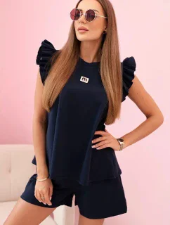 Dámsky set s volánom - blúzka s krátkym rukávom a šortky s gumičkou námornícka modrá