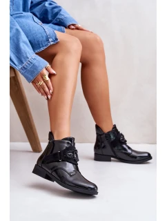 Lakierowane Botki Damskie Z Ozdobą Ocieplane S.Barski HY42-021 Czarne